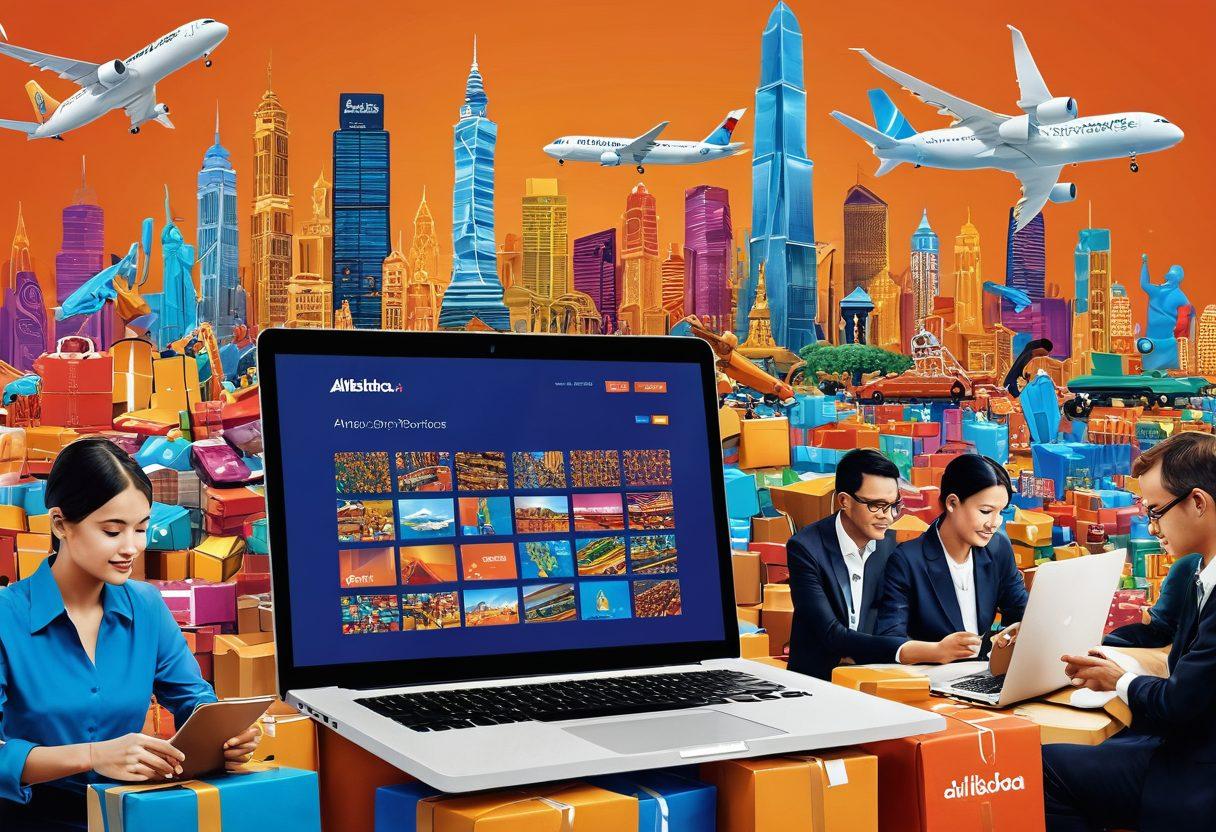 A bustling scene of diverse entrepreneurs and retailers engaged in online trading on a laptop, surrounded by colorful packages and shipping labels, symbolizing global trade. In the background, iconic landmarks from around the world represent international commerce. Vivid graphics showcasing the Alibaba logo and digital transactions float above. The atmosphere is energetic and optimistic, reflecting the transformative power of e-commerce. super-realistic. vibrant colors. dynamic composition.