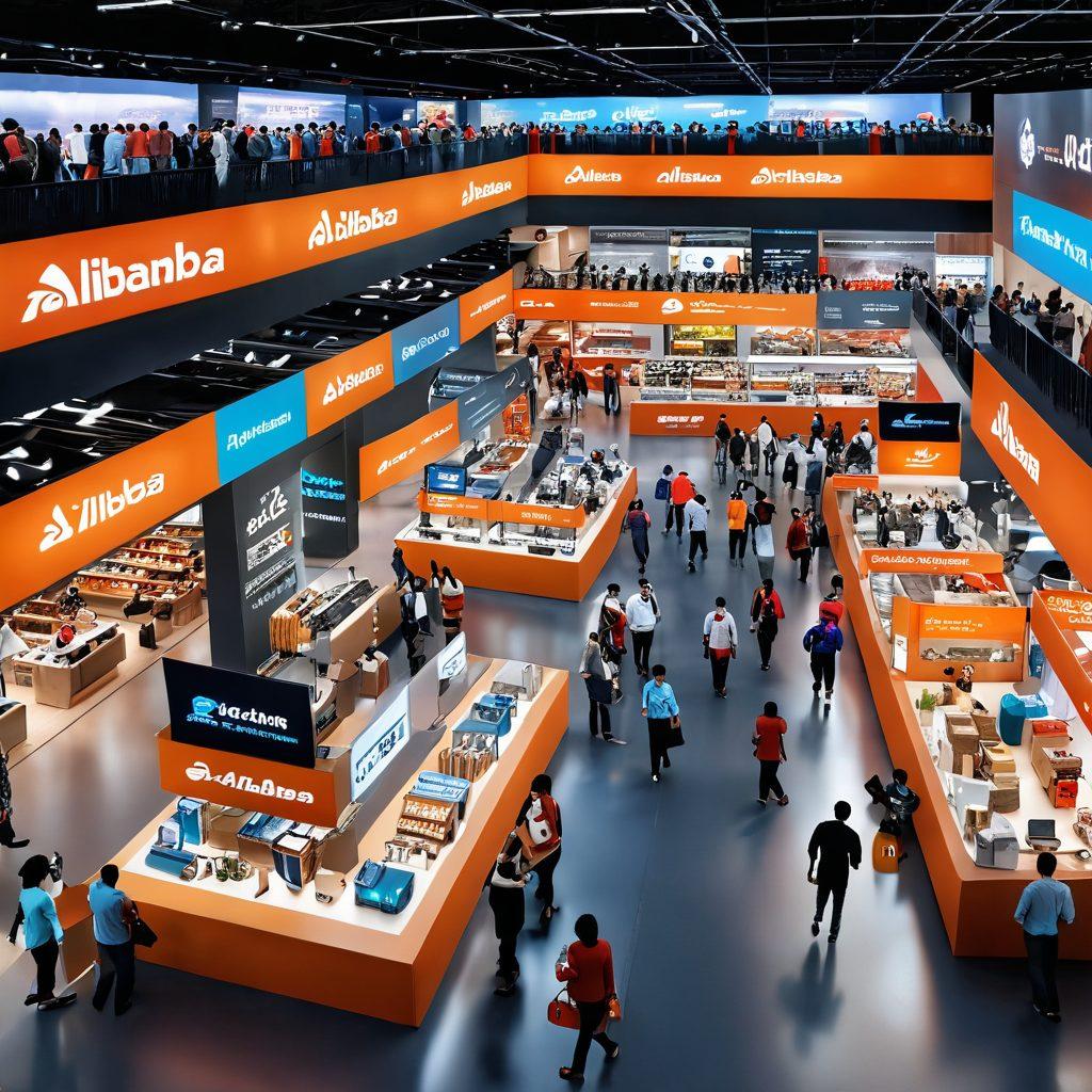 A bustling marketplace scene showcasing the transition from wholesale to retail, with Alibaba branding subtly incorporated. Visualize a diverse group of entrepreneurs interacting, digital devices displaying e-commerce platforms, and a vibrant backdrop of products ranging from electronics to textiles. Include a blend of traditional and modern elements to depict the evolution of commerce. super-realistic. vibrant colors. 3D.