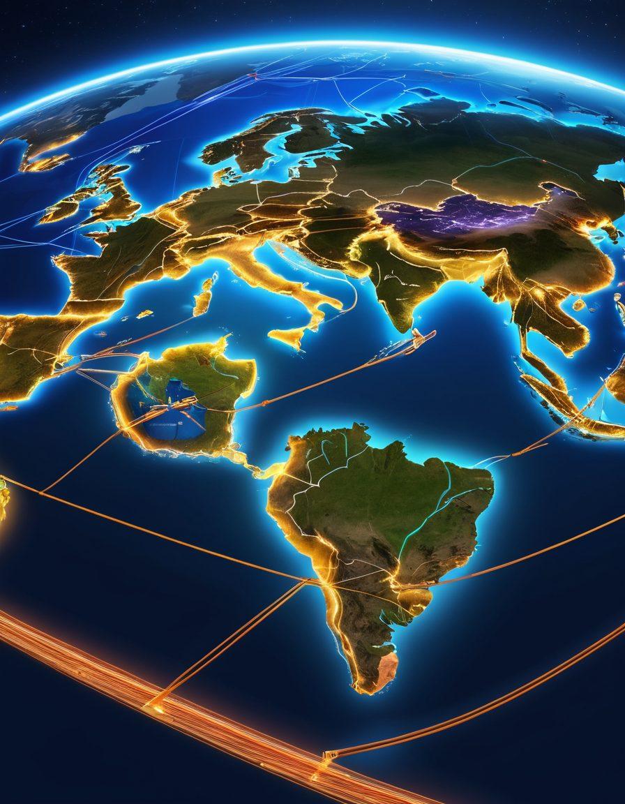 An intricate global map showcasing trade routes illuminated with vibrant light lines, featuring prominent landmarks symbolizing various countries involved in international trade. Include visual elements like a digital shopping cart and innovative tech symbols to represent Alibaba's business solutions. The background should evolve from a cloudy sky to a clear blue horizon, indicating progress and innovation. super-realistic. vibrant colors. 3D.